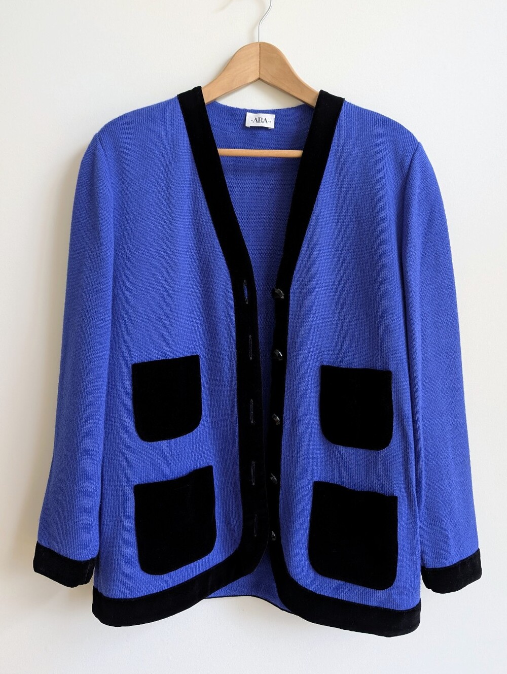 Vintage Wool Velvet Trim Deep Vibrant Blue Knit Sweater Jacket 14 Approx Large